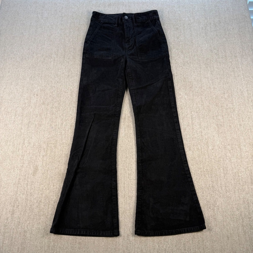 American Eagle Corduroy Pants Womens 0 Short Black Flare High Rise Patch Pocket
